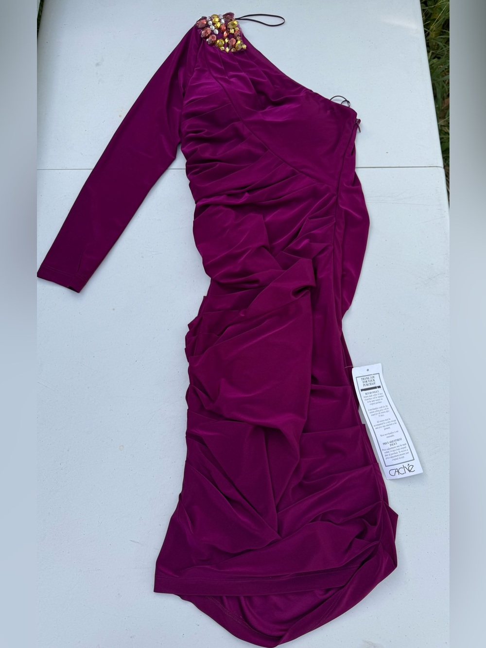 Cache One-Shoulder Ruched Dress in Plum with Beaded Shoulder